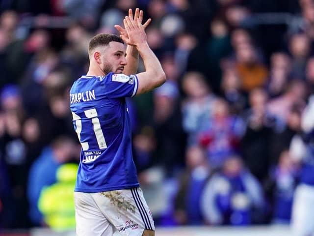 Conor Chaplin applauds the travelling Fratton faithful at Portman Road last season.