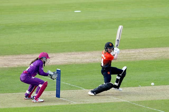 Portsmouth-born Emily Windsor hits runs as the Southern Vipers beat Lightning in the Rachael Heyhoe Flint Trophy tie at The Ageas Bowl. Picture: John Walton/PA Wire.