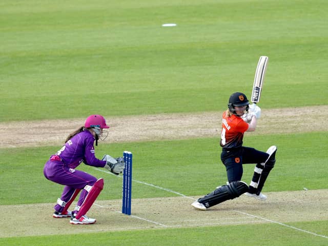Portsmouth-born Emily Windsor hits runs as the Southern Vipers beat Lightning in the Rachael Heyhoe Flint Trophy tie at The Ageas Bowl. Picture: John Walton/PA Wire.