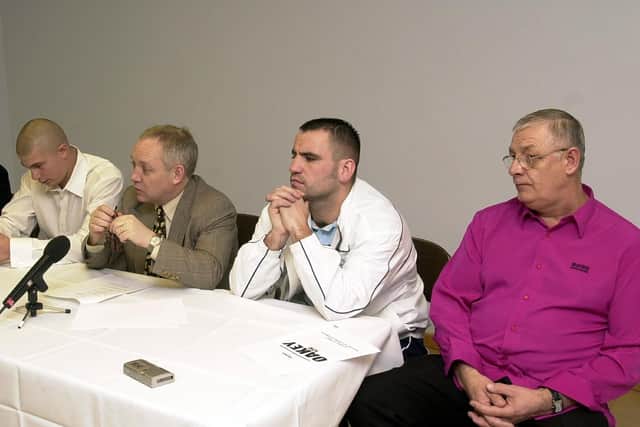 Frank Hopkins, far right, with, from left, Neil Linford, Frank Maloney and Tony Oakey at a press conference to announce the Linford v Oakey fight at the Mountbatten Centre, 2003. Picture: PAUL JACOBS