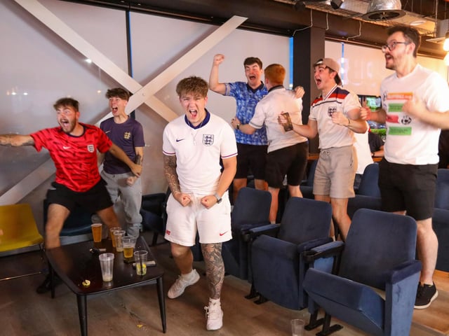 Celebrating the Watkins winner. Fans watch Netherlands v England, UEFA Euros 2024 semi-final played in Dortmund, at Village Hotel, Lakeshore Drive, CoshamPicture: Chris  Moorhouse (100724-091)