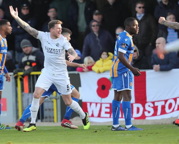 Dean Beckwith celebrates a goal for Hawks against Wealdstone in January 2020. Photo by Dave Haines