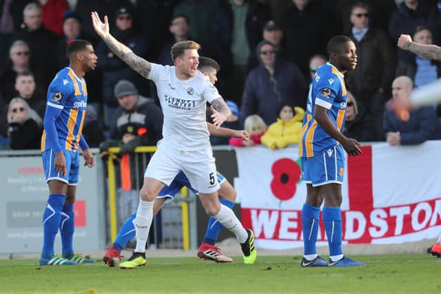 Dean Beckwith celebrates a goal for Hawks against Wealdstone in January 2020. Photo by Dave Haines