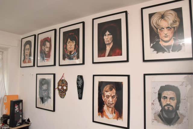 Shaye Groves bedroom walls had framed pictures of serial killers crying blood including Yorkshire Ripper Peter Sutcliffe, Moors Murderer Myra Hindley and Rose West. Pic Hants police