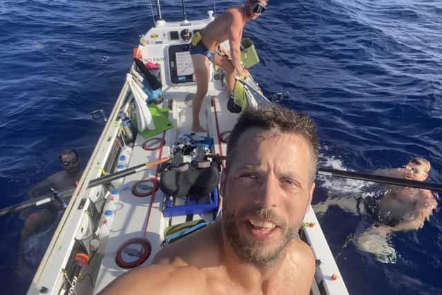 Chris Ayers, Andy Taw, Lewis Locke and James Piper (aka: The Bubbleheads), a team of 4 deep sea saturation divers that crossed the Talisker Whisky Atlantic Challenge finish line on January 18, 2022.