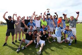 Coach & Horses Albion celebrate their penalty shoot-out triumph in the Challenge Cup final. Picture: Chris Moorhouse (jpns 210523-27)