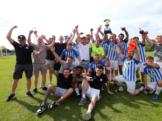 Coach & Horses Albion celebrate their penalty shoot-out triumph in the Challenge Cup final. Picture: Chris Moorhouse (jpns 210523-27)