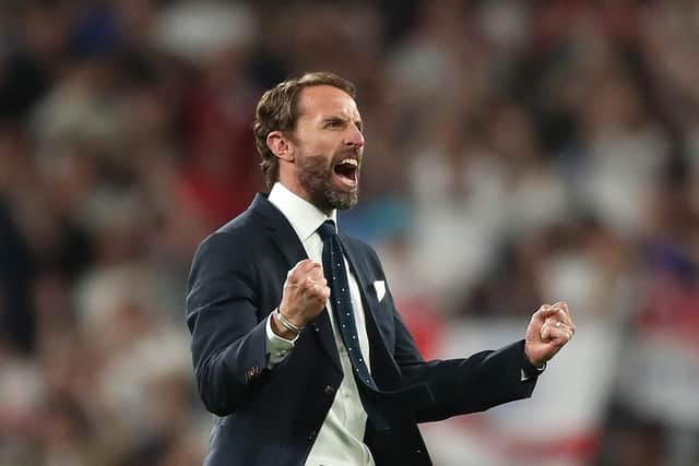 England manager Gareth Southgate celebrates reaching the final after the UEFA Euro 2020 semi final match at Wembley Stadium, London. Photo: Nick Potts/PA Wire.