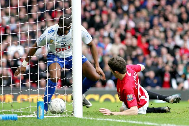 Sylvain Distin somehow managed to prevent Michael Carrick's goal-bound shot from entering the net against Manchester United in their March 2008 FA Cup quarter-final encounter. Picture: Nick Potts