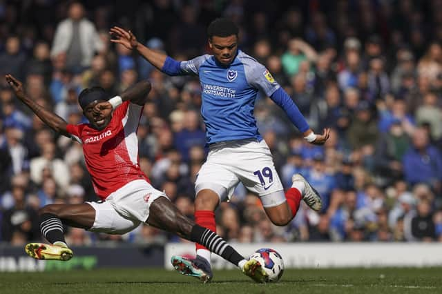 Dane Scarlett tries to find a way past Morecambe in the first half of their Fratton Park encounter. Picture: Jason Brown/ProSportsImages