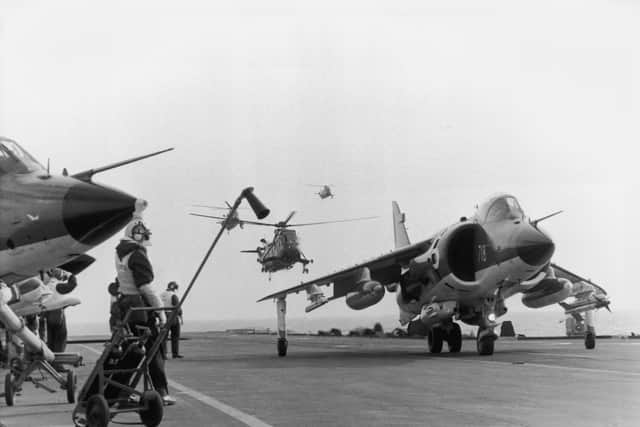 A Sea Harrier jump jet on the flight deck of HMS Hermes heading to the Falklands after the Argentinian invasion of the islands, April 1982 Picture: Martin Cleaver/Pool/Getty Images)