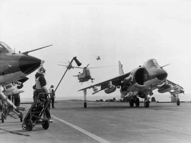 A Sea Harrier jump jet on the flight deck of HMS Hermes heading to the Falklands after the Argentinian invasion of the islands, April 1982 Picture: Martin Cleaver/Pool/Getty Images)