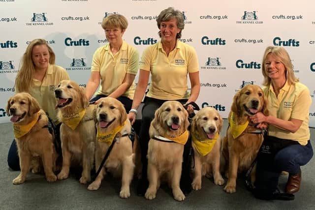 Therapy dogs from Southampton Childrens Hospital are spreading important health information and engaging children in a colouring campaign while they cannot visit wards. Pictured: Therapy dogs and their handlers at Crufts, where Lyndsey and eight-year-old Leo were crowned winners of the Friends for Life (childrens champion) award, recognising a dog that has supported and had a positive impact on children.