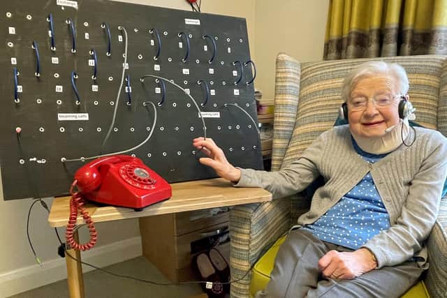 June Taylor, 88, was "thrilled" as staff at Care UK's Pear Tree Court in Horndean, Hampshire, were determined to let her relive what she called "fond memories" of her time as a telephonist, as they made Ms Taylor a replica of the switchboard she worked on during her career. Issue date: Wednesday March 29, 2023. Picture: Care UK/PA Wire
