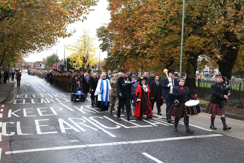 Havant Remembrance Sunday Service.

Pictured is action from the event.

The parade is taking place at St Faiths War Memorial with Deputy Lieutenant Major General James Balfour CBE DL in attendance, along with the Mayor of Havant, Alan Mak MP and the Leader of Havant Borough Council, Councillor Alex Rennie.
At 10.35 am the Parade leaves Royal British Legion Ex-servicemenâ€™s club, Brockhampton Lane, into Park Road South along Elm Lane before turning into North Street. Bagpiper Denton Smith will be accompanied by drums courtesy of Hampshire Caledonian Pipe Band. Then at 10.50 am the parade assembles at War memorial outside St Faiths Church ahead of an Act of Remembrance at the War Memorial outside St Faiths Church at 10.52am, followed by a two-minuteâ€™s silence at 11am. A Remembrance Service will then take place inside St Faiths Church.

Sunday 12th November 2023.

Picture: Sam Stephenson.
