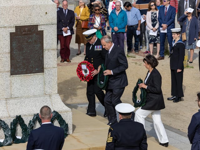 Wreaths laid at the Nelson statue in Old Portsmouth. Picture: Mike Cooter