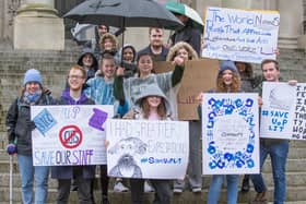 UoP students protesting over proposed job cuts on the Portsmouth Guildhall steps in February. Picture: Habibur Rahman