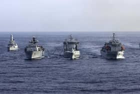 Pictured: HMS Defender, HMS Albion, RFA Tide Surge, RFA Argus, RFA Mounts Bay