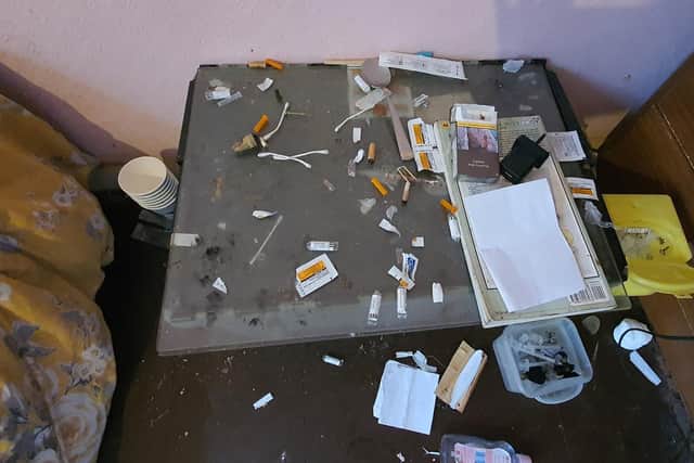 Drugs paraphernalia on the side table bedroom. Neighbours were being kept awake at all hours. Picture: Gosport Borough Council.