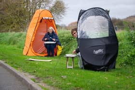 Angela Barnes and her friend Janice Burkinshaw are both widows who have supported each other through the Covid restrictions. As they can no longer enjoy Sunday dinner in Janice's garden they bought pop-up pods which they put up on Milton Common to enjoy a 2-course dinner

Pictured: Angela Barnes and her friend Janice Burkinshaw having their lunch on Milton Common,  Portsmouth on 11 November 2020.

Picture: Habibur Rahman