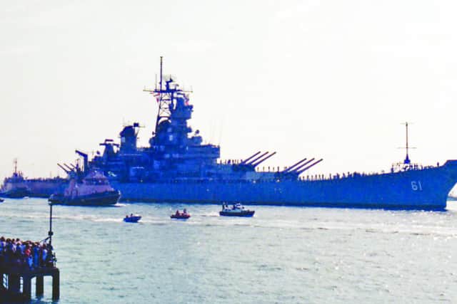 USS Iowa arrives for her 1986 visit to Portsmouth. Picture: Tim King