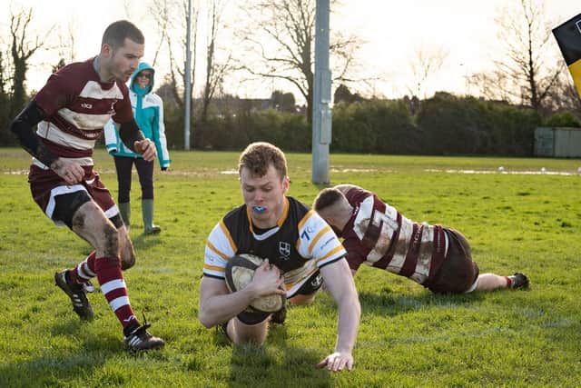 Thomas Hopkins goes over for Portsmouth against Old Georgians. Picture: Keith Woodland (29022020-252)