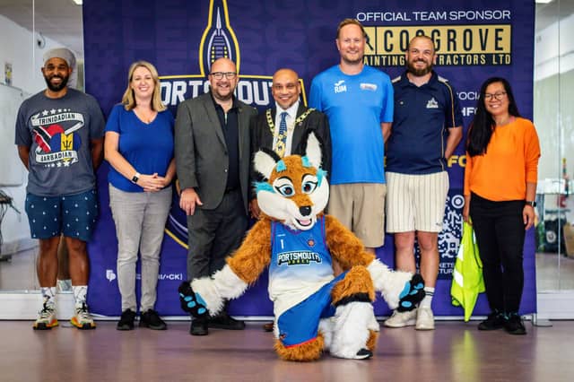 Volunteer event team behind the Summer Slam, from left to right: Eliott Bridgeman (U14 Boy's National League Yellow Team Manager), Kelly Taws (Founder of Athena Event Solutions), Councillor Steve Pitt, Deputy Lord Mayor, Rob Milner (Portsmouth Force Chairman), Dale Anchor (Portsmouth Dreadnoughts Chairman), Laila Edge (Volunteer), Blue (Portsmouth Force Mascot). Pic: AT Sports Photography