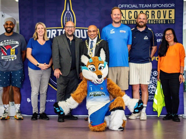 Volunteer event team behind the Summer Slam, from left to right: Eliott Bridgeman (U14 Boy's National League Yellow Team Manager), Kelly Taws (Founder of Athena Event Solutions), Councillor Steve Pitt, Deputy Lord Mayor, Rob Milner (Portsmouth Force Chairman), Dale Anchor (Portsmouth Dreadnoughts Chairman), Laila Edge (Volunteer), Blue (Portsmouth Force Mascot). Pic: AT Sports Photography