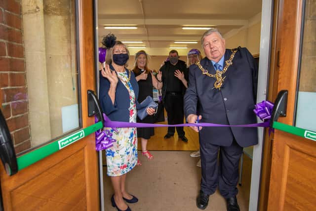 Lord mayor Frank Jonas with his wife Patricia marking the opening of the North End Pantry with Rev. Tracey Ansell and Father Bob White. Picture: Habibur Rahman