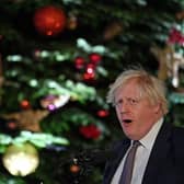 Prime Minister Boris Johnson in front of the Downing Street Christmas tree Picture: Justin Tallis/AFP/Getty Images)