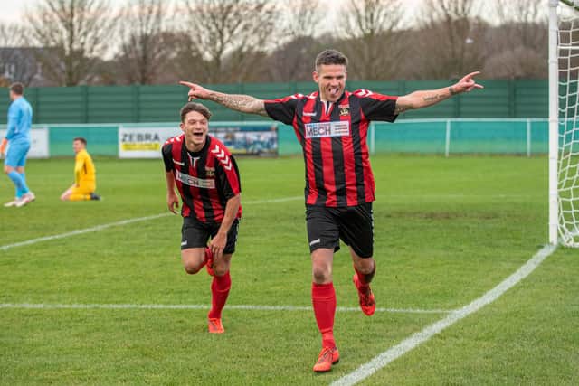 Gary Austin, foreground, struck Fareham's derby winner against AFC Portchester at Cams Alders. Picture: Vernon Nash