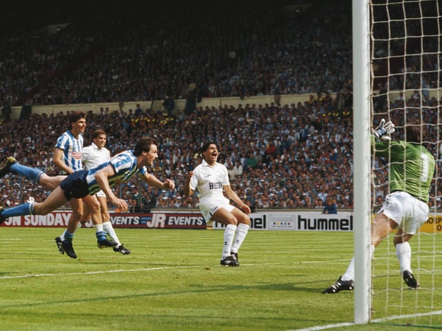 FA Cup magic - Coventry striker Keith Houchen scores his famous diving header in the 1987 final win against Tottenham. Picture: David Cannon/Allsport/Getty Images