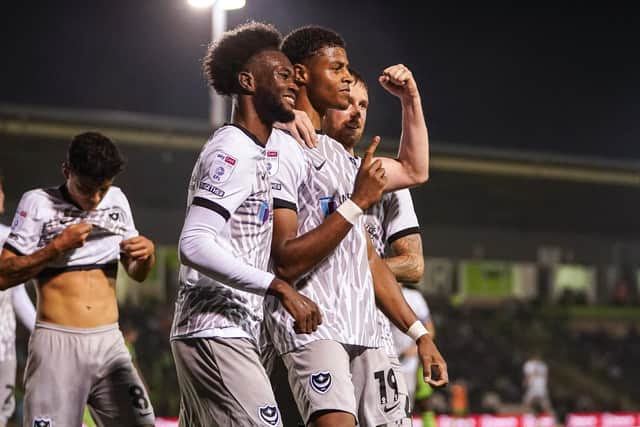 Kusini Yengi celebrates his second goal at Forest Green. Pic: Jason Brown.