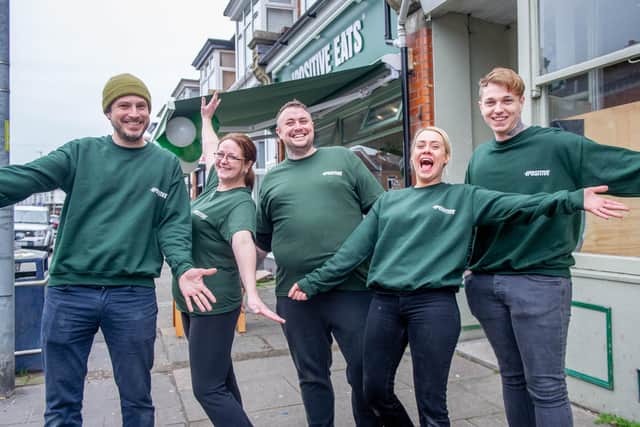 Owner Laurence Groves, Emma Terracciano, Courtney Farmer, Lyndsay Groves and Harley Farmer outside Positive Eats. Picture: Habibur Rahman