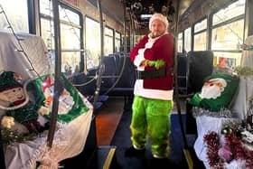 James Thomson (Stagecoach Bus Driver) dressed as the Grinch on the Chichester Santa Bus