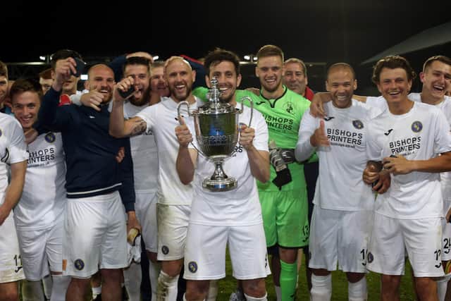 Hawks celebrate their Portsmouth & District Senior Cup final win against AFC Portchester at Fratton Park. The 2019/20 tournament still has one outstanding semi-final to play. Picture: Chris Moorhouse
