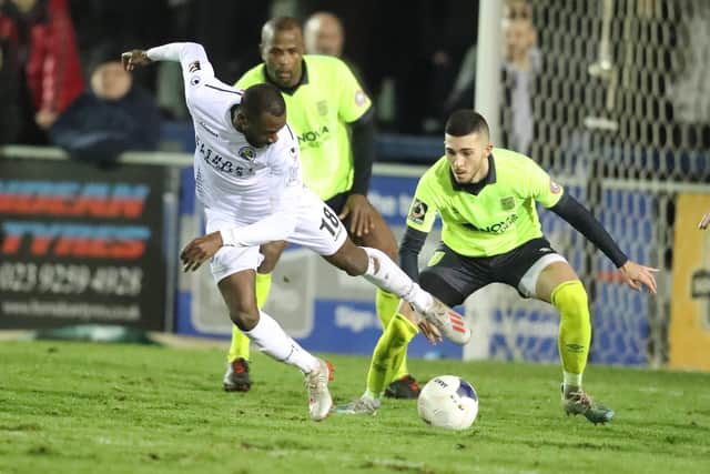 Bedsente Gomis in action during Hawks' 3-2 win against Weymouth in February. The Dorset club's fans have already raised £25,000 towards the Terras' play-off costs.Photo by Dave Haines/Portsmouth News