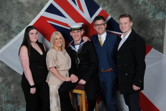 Family pride: Air Engineering Technician (AET) Rohan Hicks, 21, pictured with his family after completing his basic training at HMS Raleigh