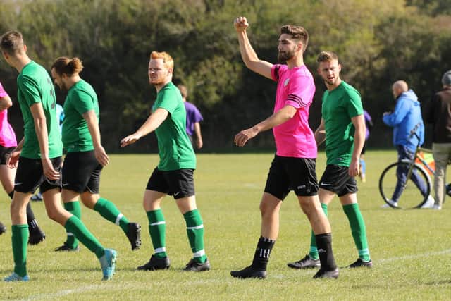 A Freehouse striker celebrates scoring during his side's 6-1 Portsmouth & District FA Sunday Intermediate Cup win against Shelford Rovers. Pic: Kevin Shipp.
