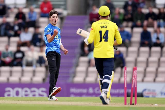 Henry Crocombe celebrates bowling James Vince. Photo by Warren Little/Getty Images