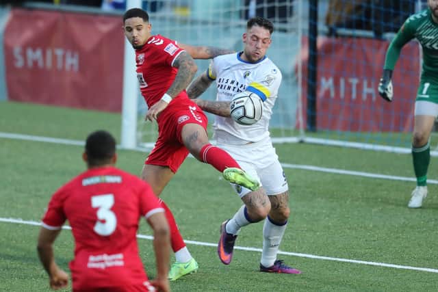Cole Kpekawa battles with Alex Wall during the Hawks clash with Hemel Hempstead Town in December 2021. Picture: Dave Haines