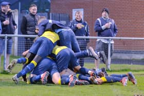 Moneyfields celebrate their FA Trophy win over Kidlington in the last round. Picture: Martyn White