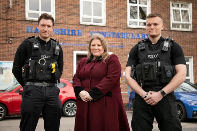 Police and Crime Commissioner Donna Jones, who is reopening Portsmouth Central Police Station to the public, with PC Mark Robinson and PC Elliott Scholes-Walsh outside Portsmouth Central Police Station Picture: Habibur Rahman