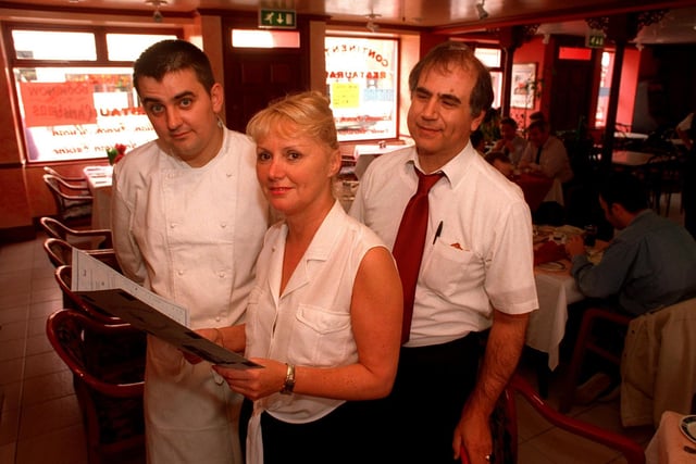 Pictured at the Cafe Bar Continental, West Street, Sheffield. Seen LtoR are,  Chef Craig Wright, part owner Katherine Spence, and head waiter Uccio Siracusa in 1997