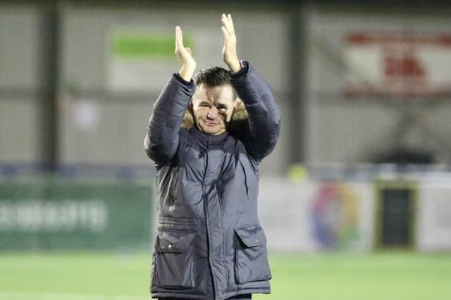 For the first time since March 7, Paul Doswell claps Hawks fans at Westleigh Park following the 3-1 win over Chelmsford. Pic: Kieron Louloudis