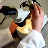 File photo dated 19/05/08 of a woman looking through a microscope.