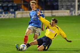 Dec Seiden tackles Chad Field during Moneyfields' 12-0 FA Youth Cup loss at Fratton Park in 2013. Picture: Paul Jacobs