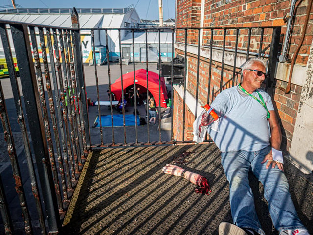 Emergency services exercise at Historic Dockyard, Portsmouth on Thursday 19th June 2025 Pictured: Actors at aftermath of improvised explosion in dockyard building Picture: Habibur Rahman