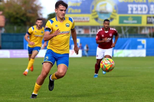 Harry Kavanagh in FA  Cup action against Paulton Rovers. Picture by Tom Phillips