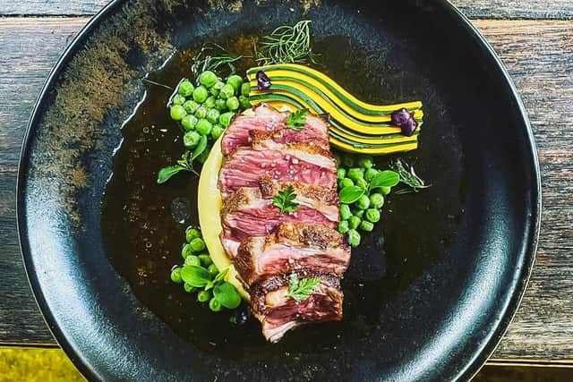 The lamb rump, peas, courgette pressing, mash, autumn herbs at Becketts, Southsea.